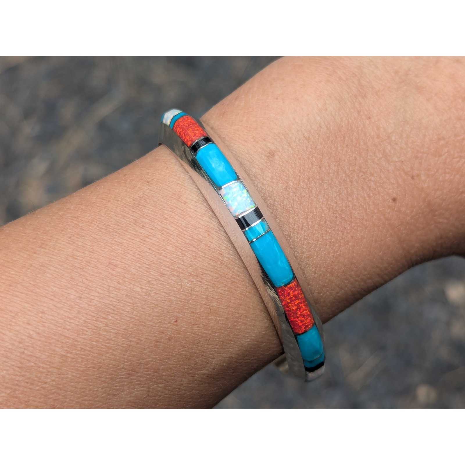 Navjo Handmade Cuff Bracelet Silver Turquoise Opal Native American Size 6.5 ***